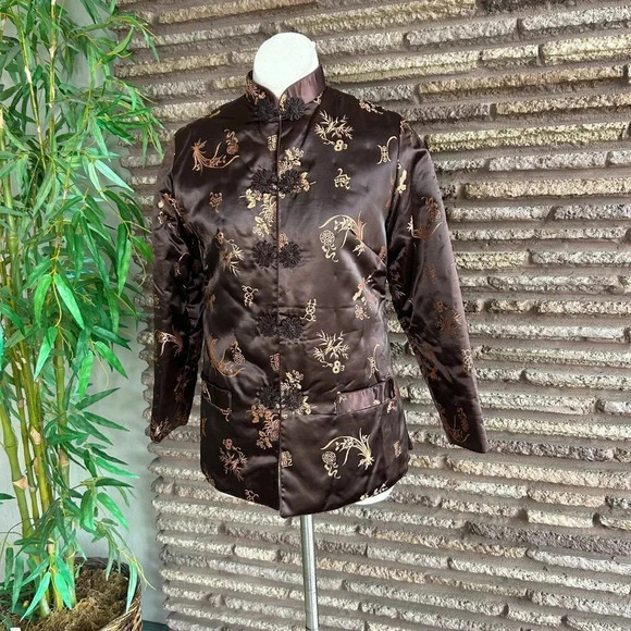 Vintage Chinese Brown Gold Brocade Puffer Quilted Jacket - Picture 9 of 10